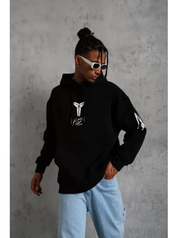 ERKEK Sırt Baskılı Kapüşonlu Üç İplik Oversize Sweatshirt - Siyah
