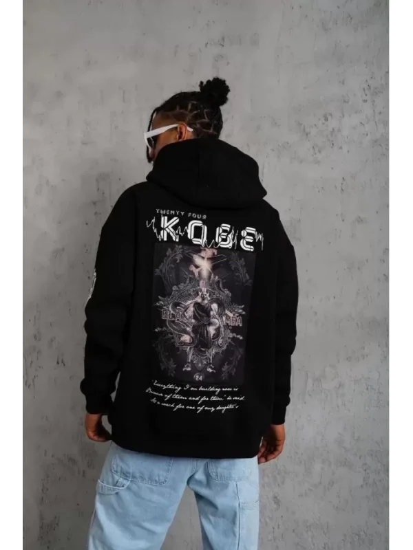 ERKEK Sırt Baskılı Kapüşonlu Üç İplik Oversize Sweatshirt - Siyah
