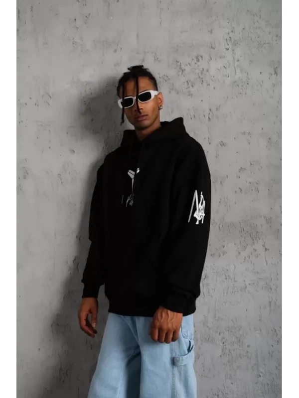 ERKEK Sırt Baskılı Kapüşonlu Üç İplik Oversize Sweatshirt - Siyah