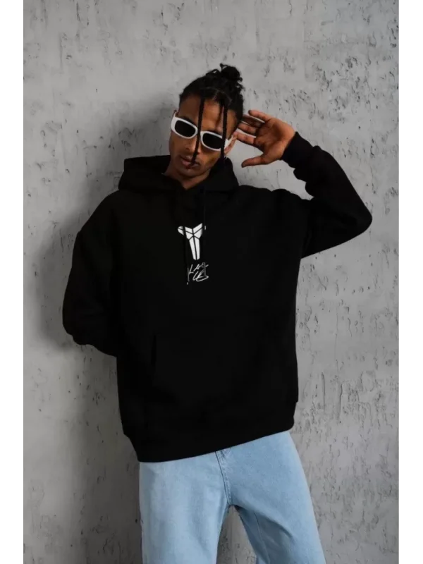 ERKEK Sırt Baskılı Kapüşonlu Üç İplik Oversize Sweatshirt - Siyah