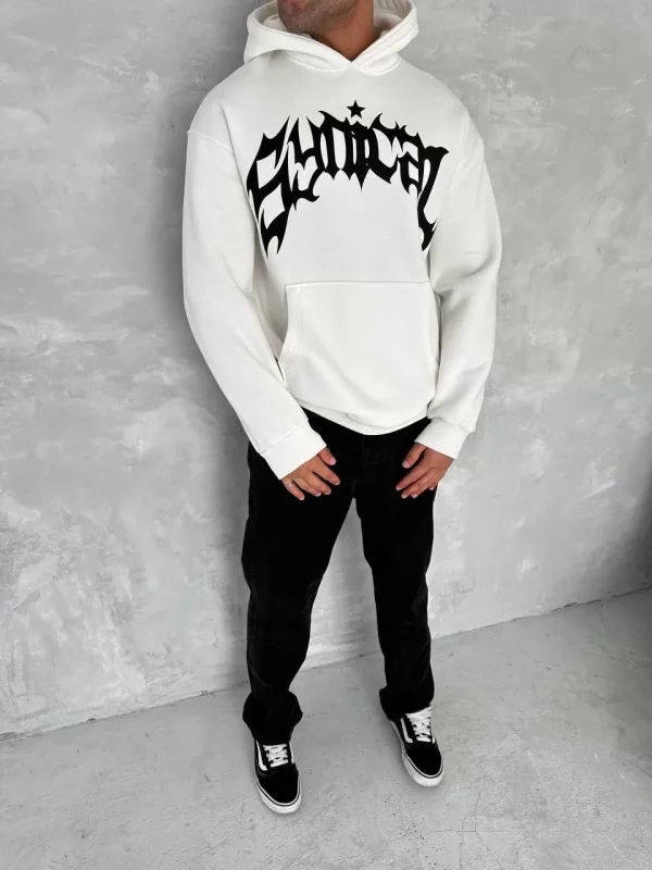 Unisex Üç İplik Kapüşonlu Baskılı SweatShirt - Beyaz
