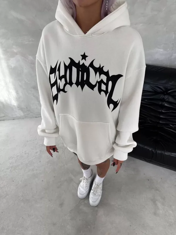 Unisex Üç İplik Kapüşonlu Baskılı SweatShirt - Beyaz
