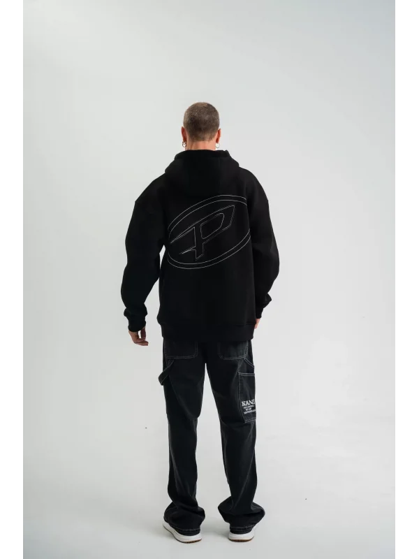 ERKEK Üç İplik Kapşonlu Nakışlı SweatShirt - Siyah