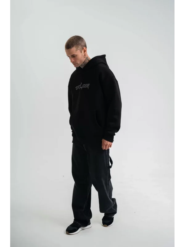 ERKEK Üç İplik Kapşonlu Nakışlı SweatShirt - Siyah