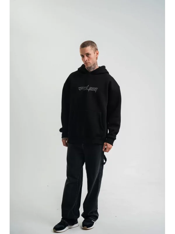 ERKEK Üç İplik Kapşonlu Nakışlı SweatShirt - Siyah