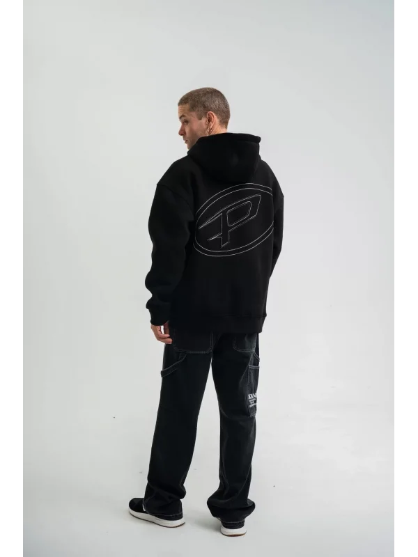 ERKEK Üç İplik Kapşonlu Nakışlı SweatShirt - Siyah