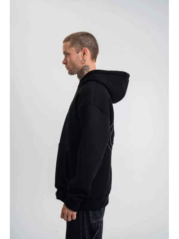 ERKEK Üç İplik Kapşonlu Nakışlı SweatShirt - Siyah