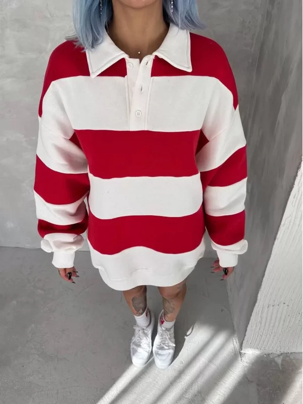 Unisex Üç İplik Parçalı Yakalı SweatShirt - Kırmızı