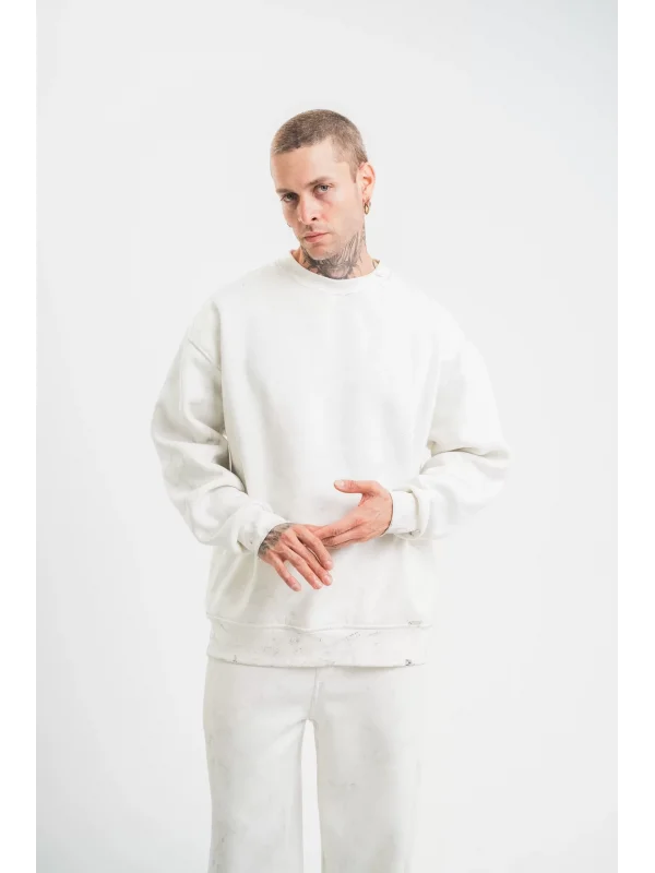 Unisex Uzun Kol Bisiklet Yaka Yıkamalı SweatShirt - Beyaz