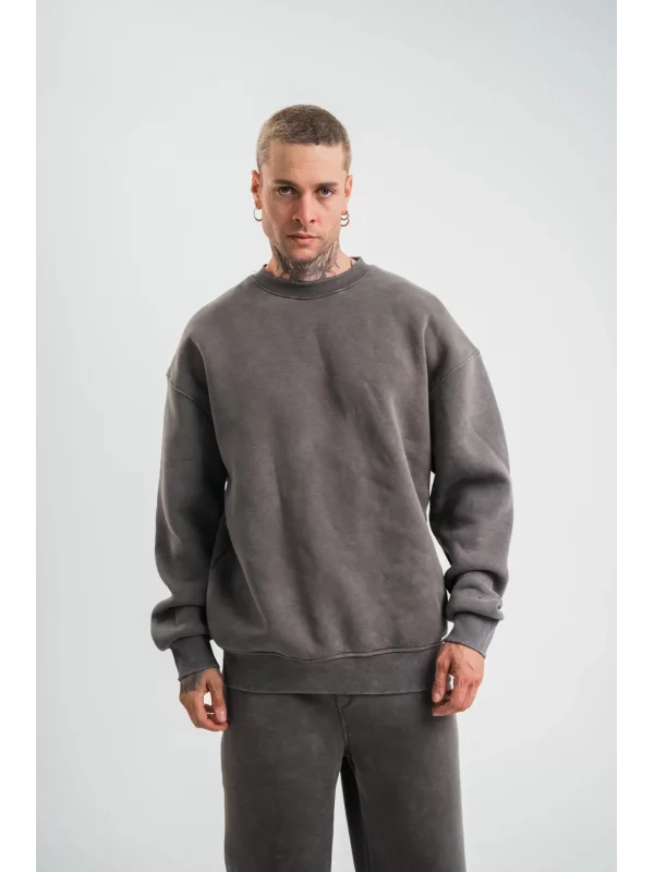 Unisex Uzun Kol Bisiklet Yaka Yıkamalı SweatShirt - Füme