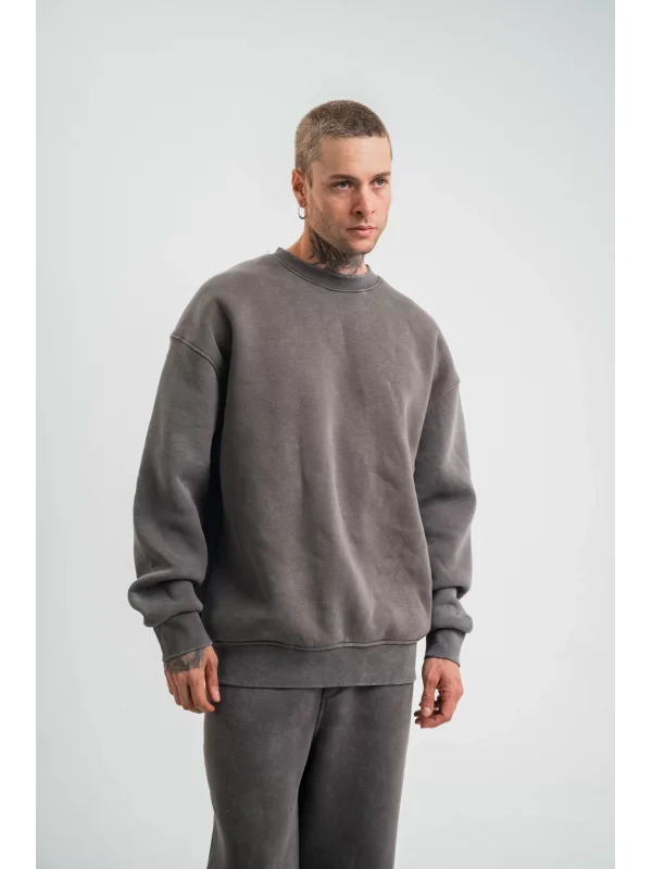 Unisex Uzun Kol Bisiklet Yaka Yıkamalı SweatShirt - Füme