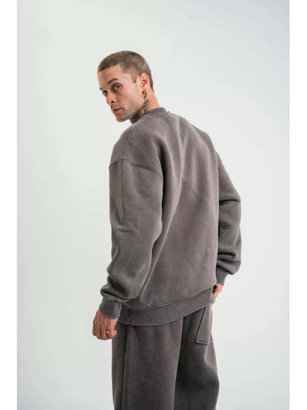 Unisex Uzun Kol Bisiklet Yaka Yıkamalı SweatShirt - Füme