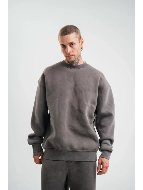 Unisex Uzun Kol Bisiklet Yaka Yıkamalı SweatShirt - Füme