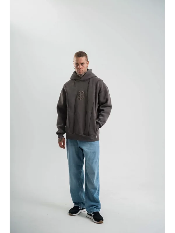 Unisex Uzun Kol Kapşonlu Yıkamalı Nakışlı SweatShirt - Füme