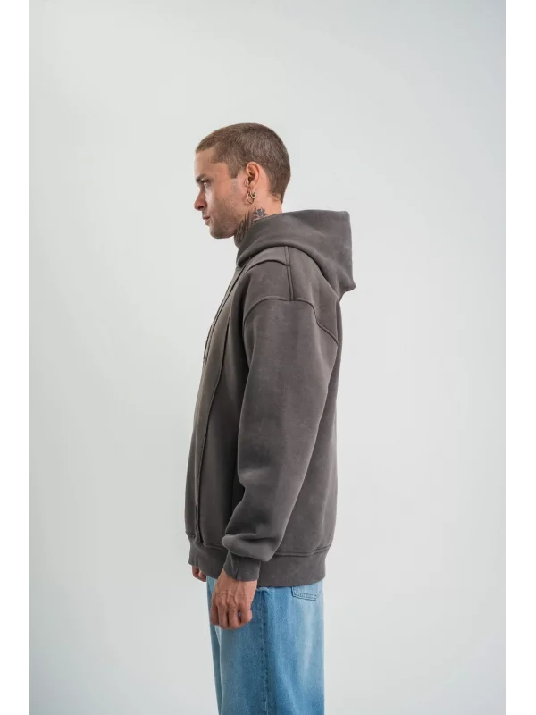 Unisex Uzun Kol Kapşonlu Yıkamalı Nakışlı SweatShirt - Füme
