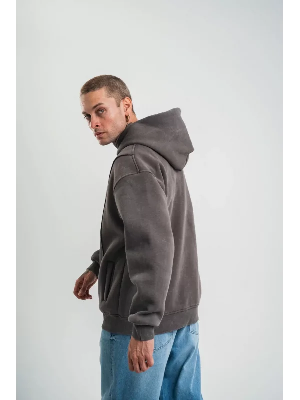 Unisex Uzun Kol Kapşonlu Yıkamalı Nakışlı SweatShirt - Füme