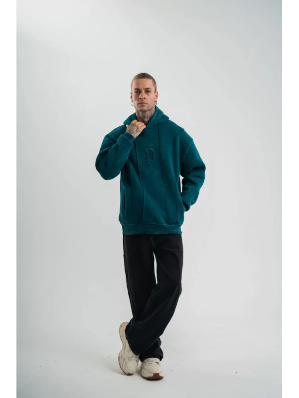 Unisex Uzun Kol Kapşonlu Yıkamalı Nakışlı SweatShirt - Koyu Deniz Yeşili