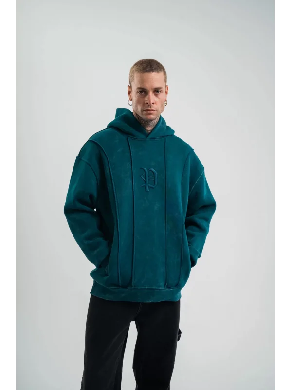 Unisex Uzun Kol Kapşonlu Yıkamalı Nakışlı SweatShirt - Koyu Deniz Yeşili