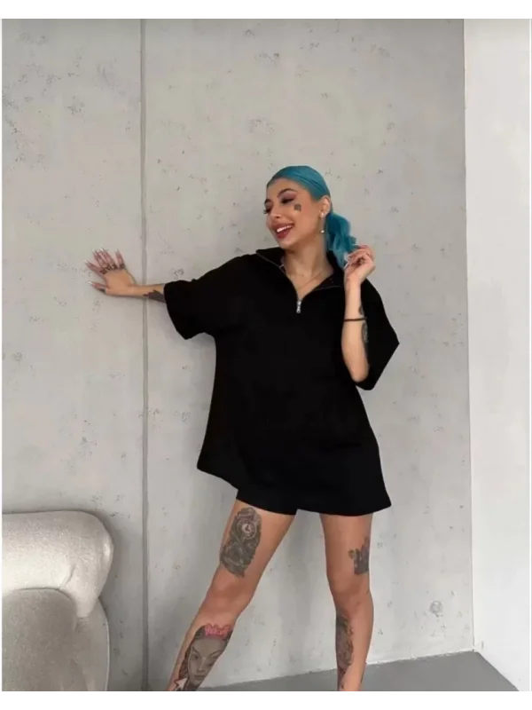 Unisex Yarım Fermuarlı Düz Oversize T-Shirt - Siyah