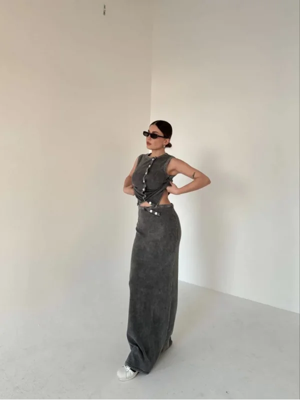 Uzun Etekli Önü Düğmeli Badi İkili Takım- Antrasit