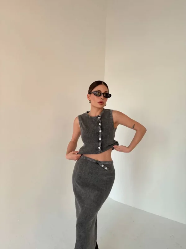 Uzun Etekli Önü Düğmeli Badi İkili Takım- Antrasit