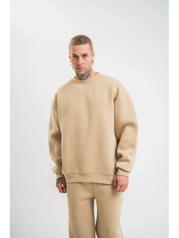 Uzun Kol Bisiklet Yaka Basic SweatShirt - Bej