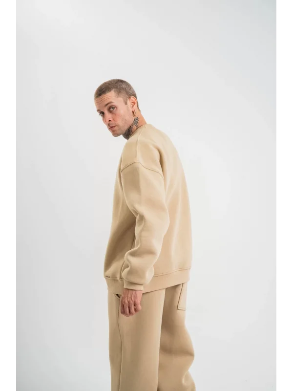 Uzun Kol Bisiklet Yaka Basic SweatShirt - Bej