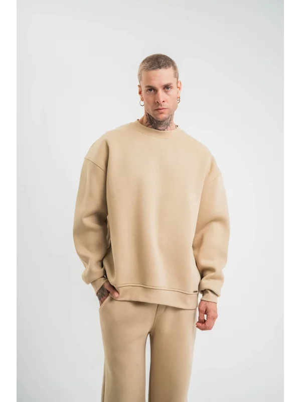 Uzun Kol Bisiklet Yaka Basic SweatShirt - Bej