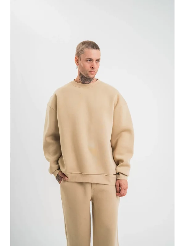 Uzun Kol Bisiklet Yaka Basic SweatShirt - Bej