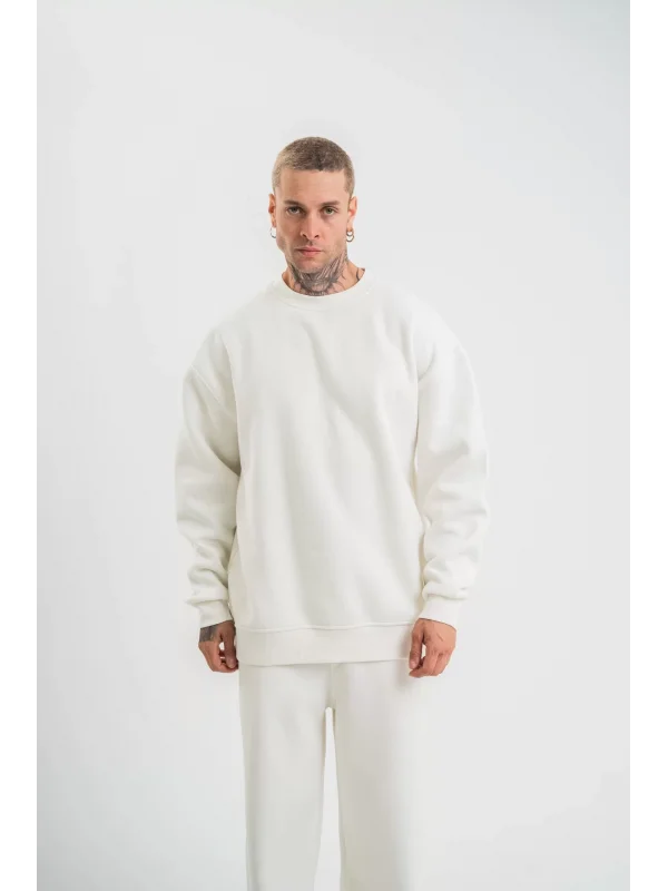 Uzun Kol Bisiklet Yaka Basic SweatShirt - Beyaz