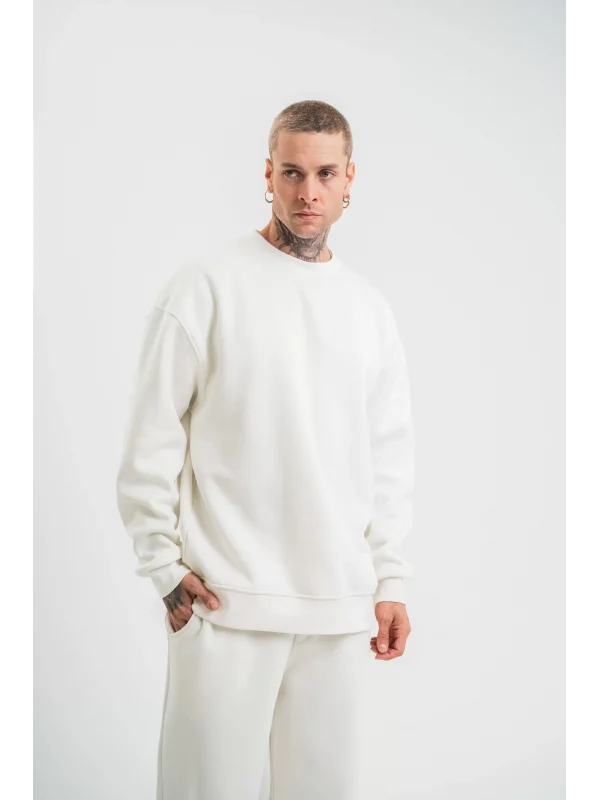 Uzun Kol Bisiklet Yaka Basic SweatShirt - Beyaz