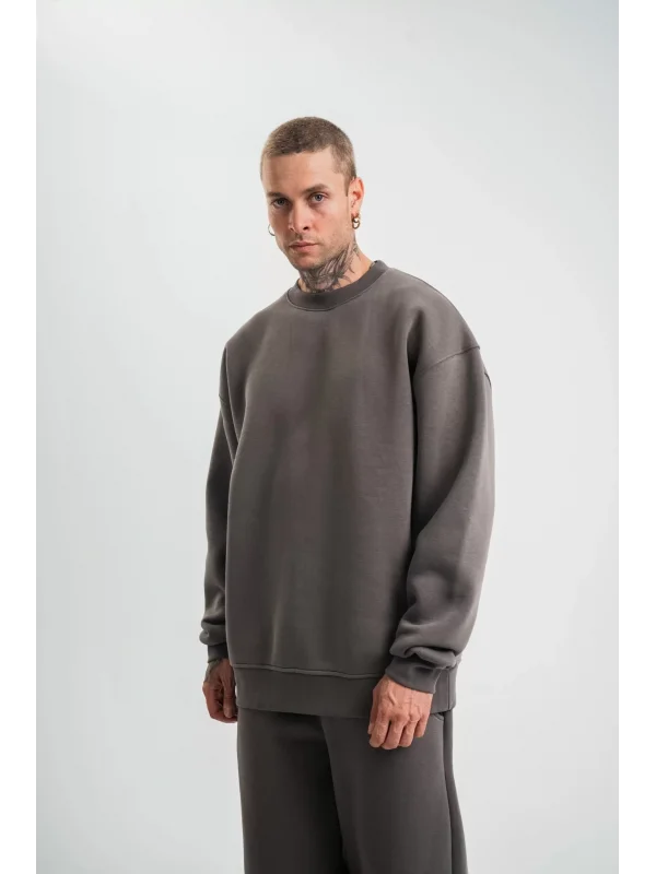 Uzun Kol Bisiklet Yaka Basic SweatShirt - Füme