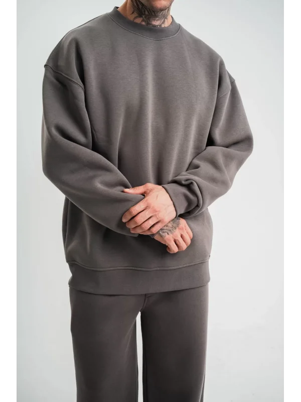 Uzun Kol Bisiklet Yaka Basic SweatShirt - Füme