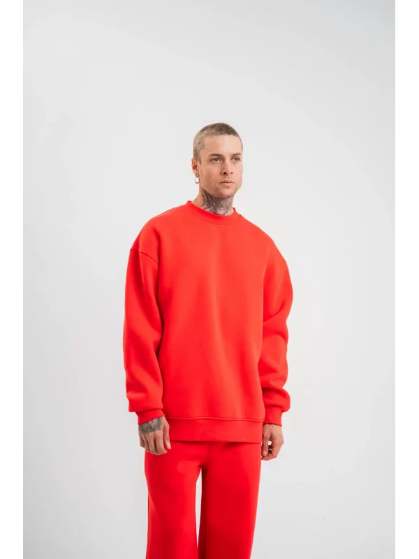 Uzun Kol Bisiklet Yaka Basic SweatShirt - Kırmızı