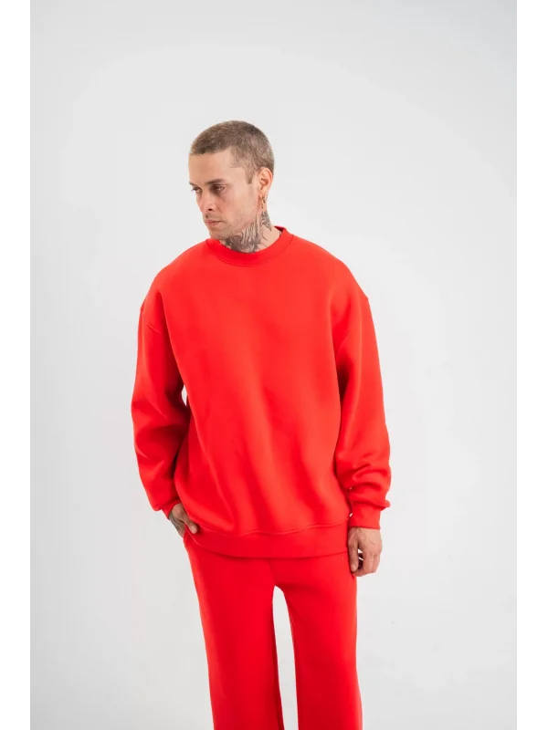 Uzun Kol Bisiklet Yaka Basic SweatShirt - Kırmızı