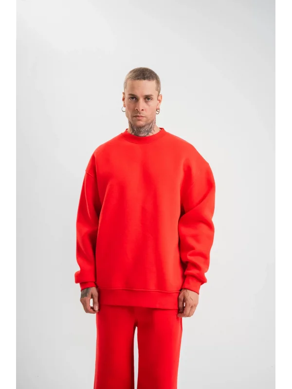 Uzun Kol Bisiklet Yaka Basic SweatShirt - Kırmızı