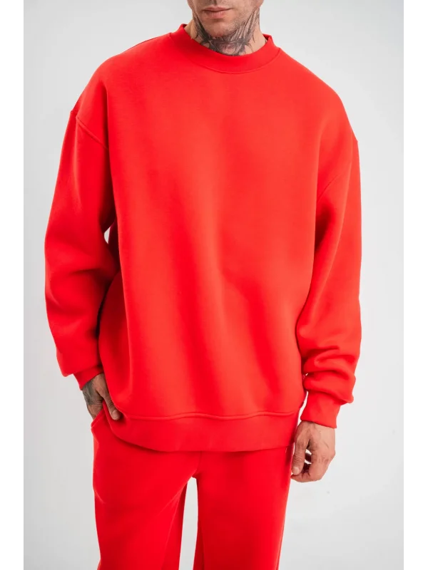 Uzun Kol Bisiklet Yaka Basic SweatShirt - Kırmızı