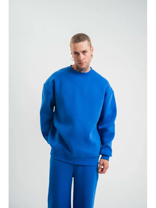 Uzun Kol Bisiklet Yaka Basic SweatShirt - Mavi