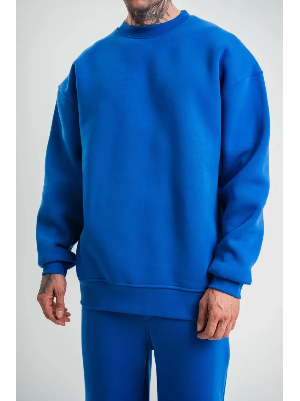 Uzun Kol Bisiklet Yaka Basic SweatShirt - Mavi