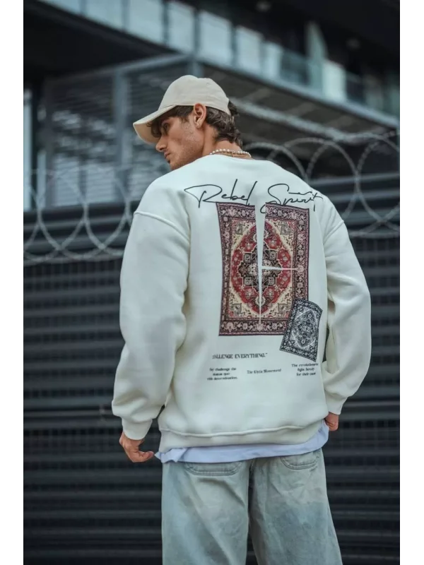 Uzun Kol Bisiklet Yaka Baskılı SweatShirt - Beyaz