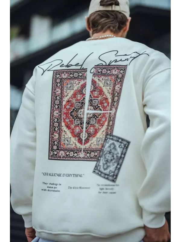 Uzun Kol Bisiklet Yaka Baskılı SweatShirt - Beyaz