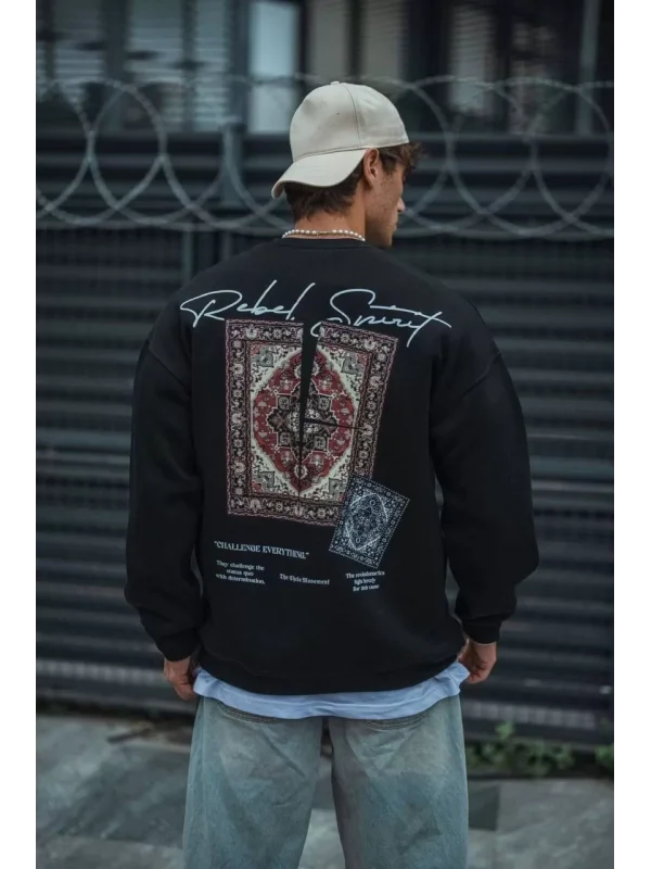 Uzun Kol Bisiklet Yaka Baskılı SweatShirt - Siyah
