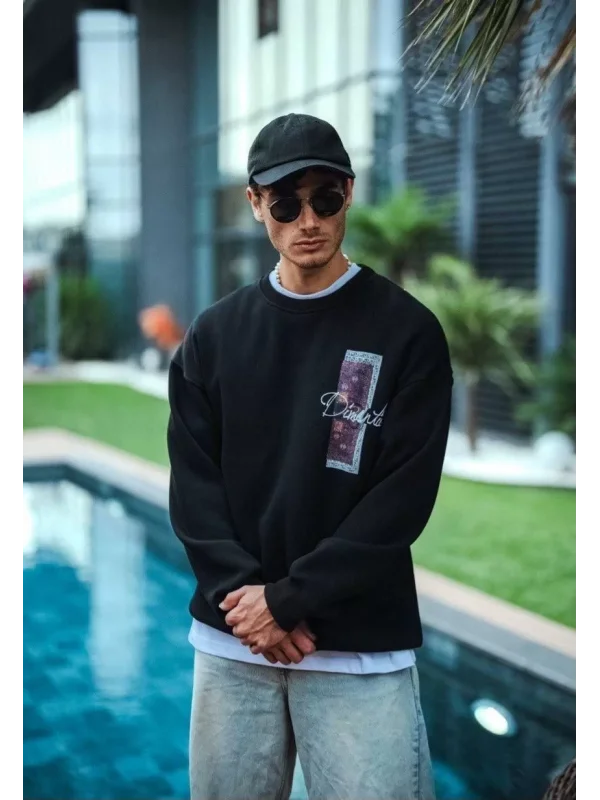 Uzun Kol Bisiklet Yaka Ön ve Arka Baskılı SweatShirt - Siyah