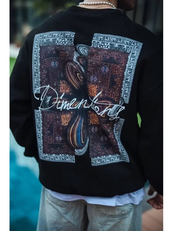 Uzun Kol Bisiklet Yaka Ön ve Arka Baskılı SweatShirt - Siyah