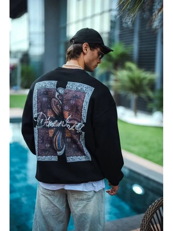 Uzun Kol Bisiklet Yaka Ön ve Arka Baskılı SweatShirt - Siyah