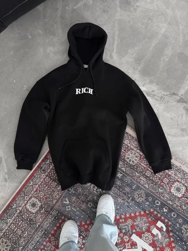 Uzun Kol Kapüşonlu Göğüs Baskılı SweatShirt - Siyah