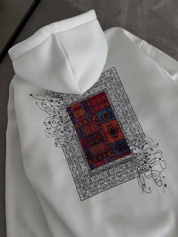 Uzun Kol Kapüşonlu Ön Ve Arka Baskılı SweatShirt - Beyaz