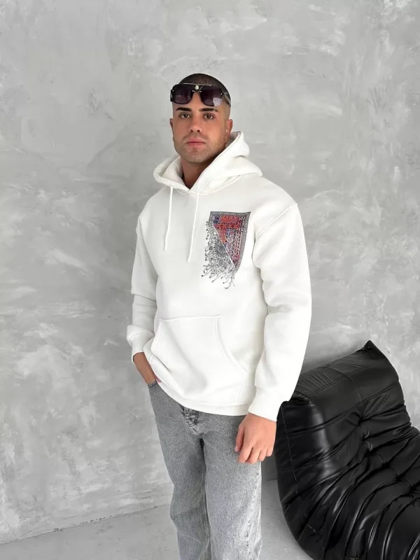 Uzun Kol Kapüşonlu Ön Ve Arka Baskılı SweatShirt - Beyaz