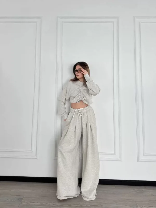 Uzun Kollu Önü İp Büzgülü Crop ve Pantolon İkili Takım - Gri