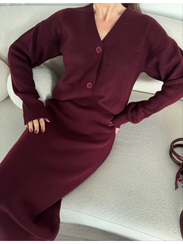 V Yaka 3 Düğmeli Hırka Takım Triko İkili Etekli - Bordo